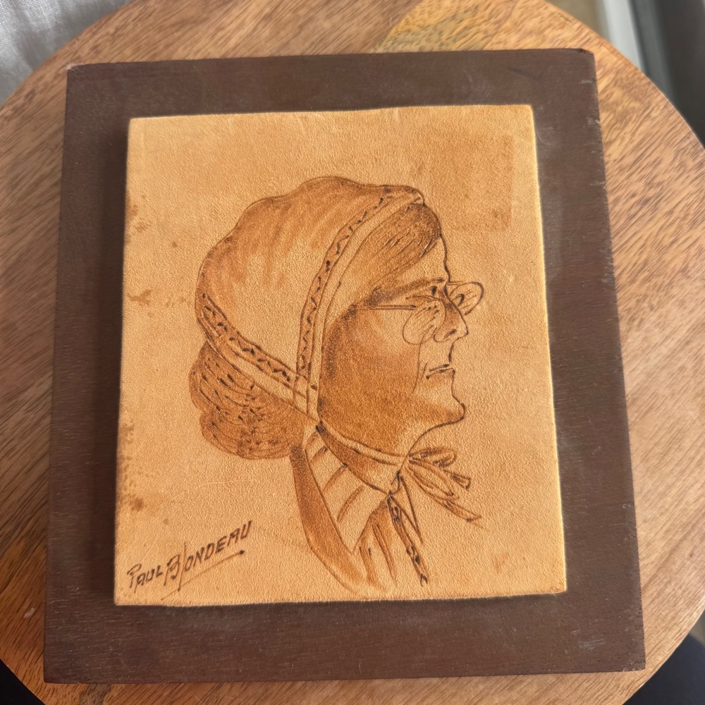 VTG Paul Blondeau Quebec Leather Art 7X7 Brown Pyrography‎ Wood Pioneer Portrait